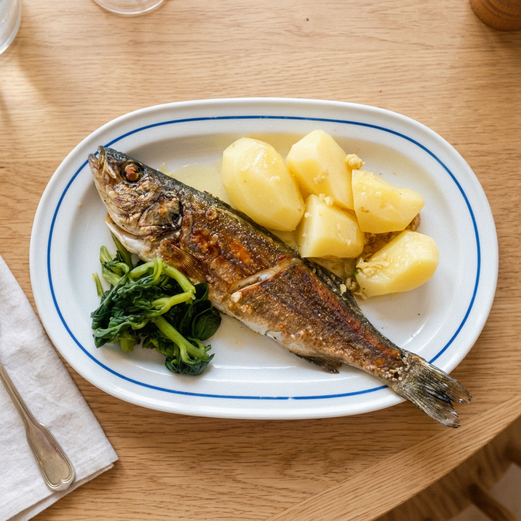Peixe grelhado com batata cozida e legumes